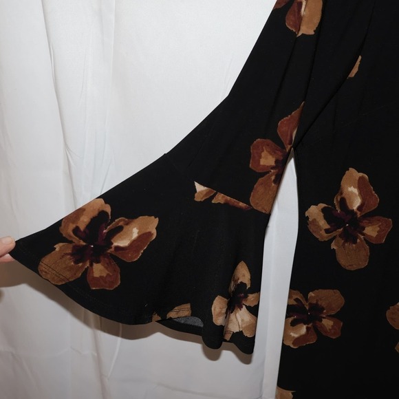 VTG Tommy Hilfiger Midi Dress Sz 16 3/4 Bell Sleeves Brown Floral Hidden Zipper - Picture 7 of 13
